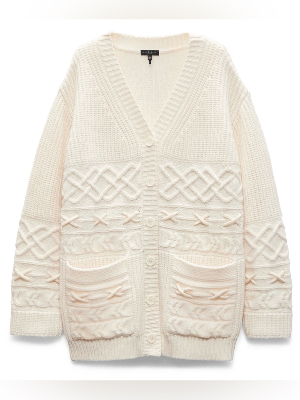 Rag & Bone Conley Cable Knit Wool Cashmere Button-Down Cardigan Ivory Large - Picture 1 of 13